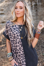 Load image into Gallery viewer, Black Contrast Solid Leopard Short Sleeve T-shirt Dress with Slits