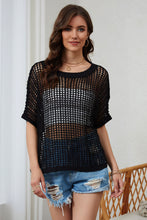 Load image into Gallery viewer, Apricot Fishnet Knit Ribbed Round Neck Short Sleeve Sweater Tee