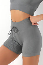 Load image into Gallery viewer, Black Solid Color Ribbed Drawstring Waist Yoga Shorts