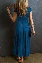 Load image into Gallery viewer, Peacock Blue Short Sleeve Shirred High Waist V Neck Maxi Dress