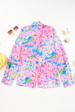 Load image into Gallery viewer, Pink Abstract Floral Print Notch V Neck Rolled Short Sleeve Blouse