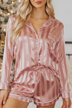 Load image into Gallery viewer, Pink Striped Print Buttoned Shirt and Drawstring Shorts Lounge Set