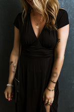 Load image into Gallery viewer, Black Short Sleeve Shirred High Waist V Neck Maxi Dress