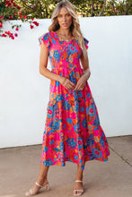 Load image into Gallery viewer, Rose Red Boho Floral V Neck Ruffle Tiered Long Dress