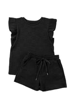 Load image into Gallery viewer, Black Textured Ruffled Sleeve Tee and Drawstring Shorts Set