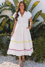 Load image into Gallery viewer, White Colorblock Rickrack Trim Short Sleeve Drawstring Waist Long Dress