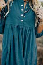 Load image into Gallery viewer, Blue Corduroy Snap Buttons Empire Waist Bracelet Sleeve Dress