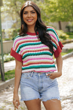 Load image into Gallery viewer, Fiery Red Trimmed Ruffle Sleeve Colorful Textured Sweater