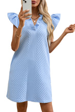 Load image into Gallery viewer, Light Blue Textured Puff Sleeve Ruffled V Neck Shift Mini Dress