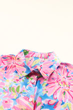 Load image into Gallery viewer, Pink Abstract Floral Print Notch V Neck Rolled Short Sleeve Blouse
