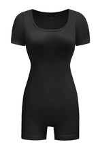 Load image into Gallery viewer, Black Ribbed Square Neck Short Sleeve Athleisure Romper