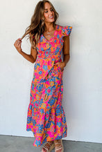 Load image into Gallery viewer, Rose Red Boho Floral V Neck Ruffle Tiered Long Dress