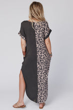 Load image into Gallery viewer, Black Contrast Solid Leopard Short Sleeve T-shirt Dress with Slits
