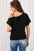Load image into Gallery viewer, Khaki Asymmetric Colorblock Strappy Cold Shoulder Twist Hem Top