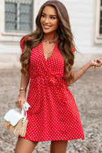 Load image into Gallery viewer, Red Polka Dot V Neck Ruffle Sleeve Dress