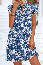 Load image into Gallery viewer, Sail Blue Floral Ruffled Cap Sleeve Tied Neck Mini Dress