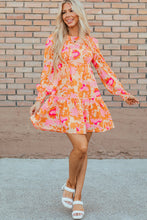 Load image into Gallery viewer, Orange Abstract Print Smocked Lantern Sleeve Ruffle Mini Dress