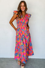 Load image into Gallery viewer, Rose Red Boho Floral V Neck Ruffle Tiered Long Dress