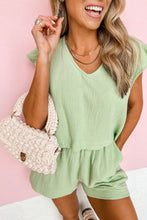 Load image into Gallery viewer, Green Crinkled Texture V Neck Ruffled Sleeve Tops and Shorts Set