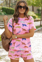 Load image into Gallery viewer, Pink Flower Print Short Sleeve High Waist Two Piece Shorts Set