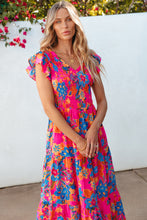 Load image into Gallery viewer, Rose Red Boho Floral V Neck Ruffle Tiered Long Dress