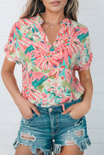 Load image into Gallery viewer, Pink Abstract Floral Print Notch V Neck Rolled Short Sleeve Blouse