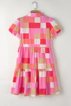Load image into Gallery viewer, Pink Plaid Print Puff Sleeve Buttoned Tiered Dress
