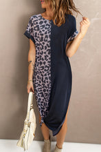 Load image into Gallery viewer, Black Contrast Solid Leopard Short Sleeve T-shirt Dress with Slits