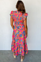 Load image into Gallery viewer, Rose Red Boho Floral V Neck Ruffle Tiered Long Dress