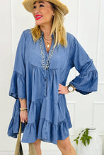 Load image into Gallery viewer, Sky Blue Chambray Ruffled 3/4 Sleeve Tiered Split V Neck Mini Dress
