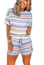 Load image into Gallery viewer, White Striped Print Tee and Shorts Lounge Set