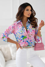 Load image into Gallery viewer, Pink Abstract Floral Print Notch V Neck Rolled Short Sleeve Blouse
