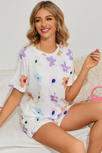Load image into Gallery viewer, White Flower Print Short Sleeve High Waist Two Piece Shorts Set