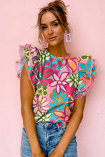 Load image into Gallery viewer, Multicolor Vibrant Floral Print Trimmed Ruffle Sleeve Blouse