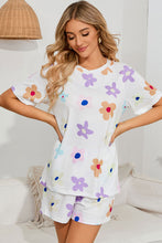 Load image into Gallery viewer, White Flower Print Short Sleeve High Waist Two Piece Shorts Set