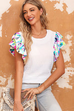 Load image into Gallery viewer, White Voluminous Printed Puff Sleeve Textured Top