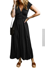 Load image into Gallery viewer, Black Short Sleeve Shirred High Waist V Neck Maxi Dress