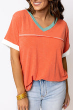 Load image into Gallery viewer, Grapefruit Orange Contrast Trim Exposed Seam V Neck T-shirt