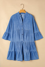Load image into Gallery viewer, Sky Blue Chambray Ruffled 3/4 Sleeve Tiered Split V Neck Mini Dress