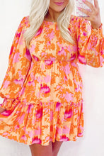 Load image into Gallery viewer, Orange Abstract Print Smocked Lantern Sleeve Ruffle Mini Dress
