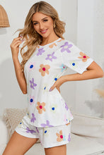 Load image into Gallery viewer, White Flower Print Short Sleeve High Waist Two Piece Shorts Set