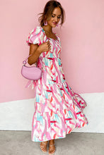 Load image into Gallery viewer, Pink Brush Stroke Printed Smocked Ruffle Tiered Dress