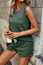 Load image into Gallery viewer, Mist Green Waffle Knit Patched Pocket Tank and Drawstring Shorts Set