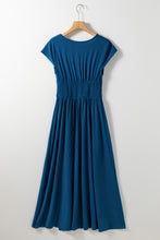 Load image into Gallery viewer, Peacock Blue Short Sleeve Shirred High Waist V Neck Maxi Dress