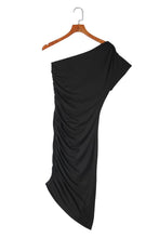 Load image into Gallery viewer, Black One-shoulder Short Sleeve Ruched Bodycon Dress