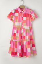 Load image into Gallery viewer, Pink Plaid Print Puff Sleeve Buttoned Tiered Dress