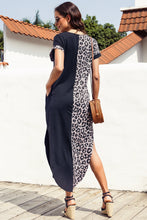 Load image into Gallery viewer, Black Contrast Solid Leopard Short Sleeve T-shirt Dress with Slits