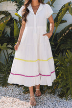 Load image into Gallery viewer, White Colorblock Rickrack Trim Short Sleeve Drawstring Waist Long Dress