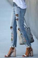 Load image into Gallery viewer, Sky Blue Printed Patch Ripped Skinny Jeans