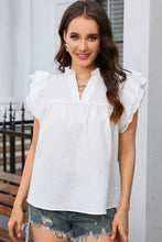 Load image into Gallery viewer, White Ruffle Accent Flutter Sleeve Notch Neck Top